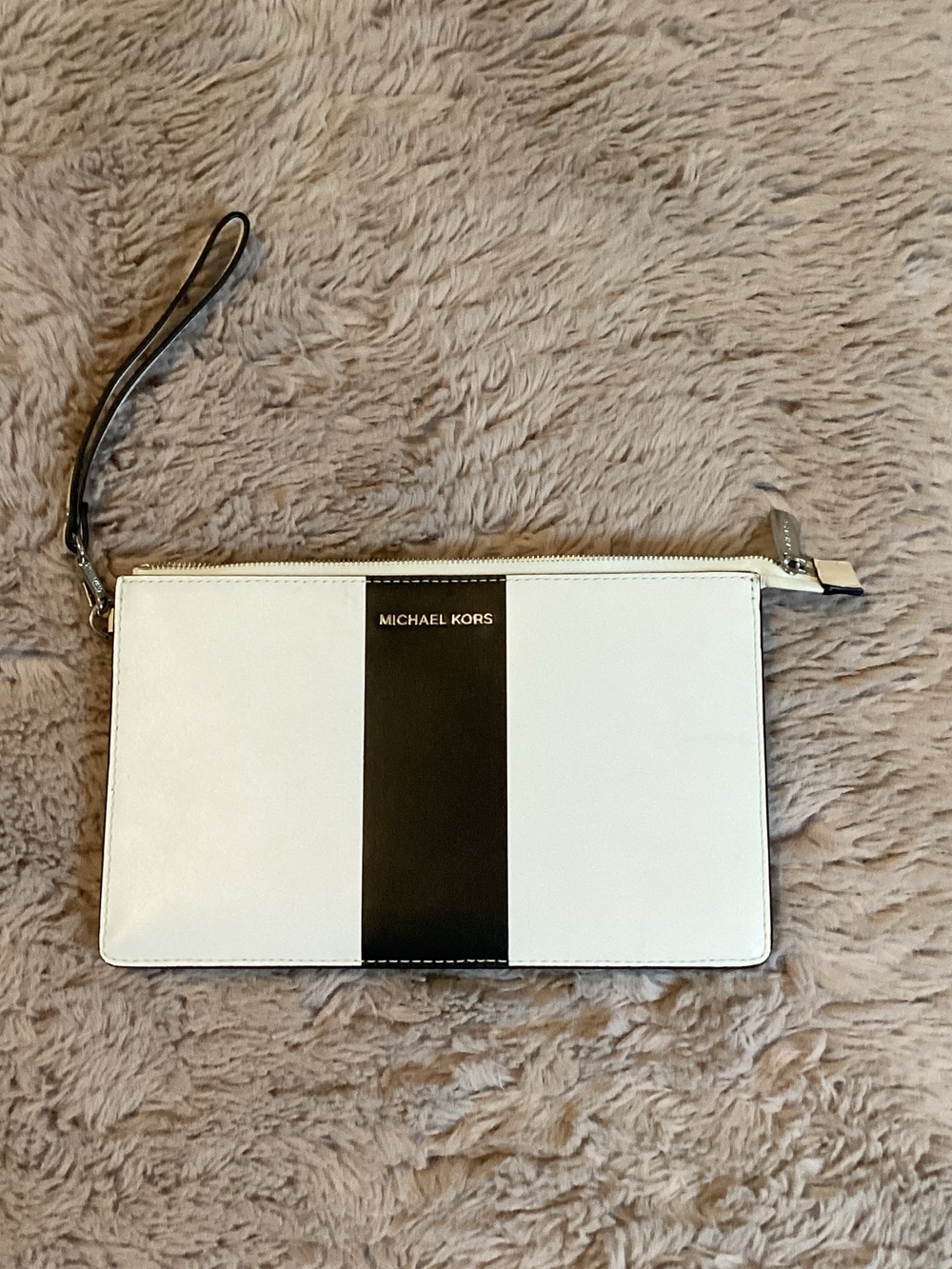 Michael Kors White and Black Leather Stripe Wristlet